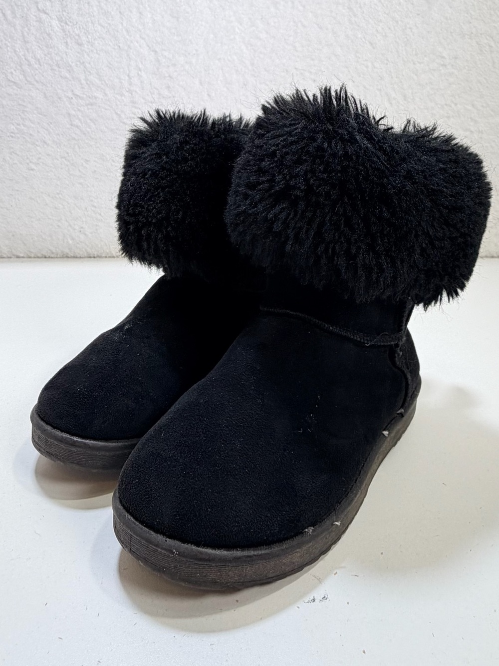 Link Girls Black Faux Suede Faux Fur Winter Boots Rhinestone Pull Tabs Size 11